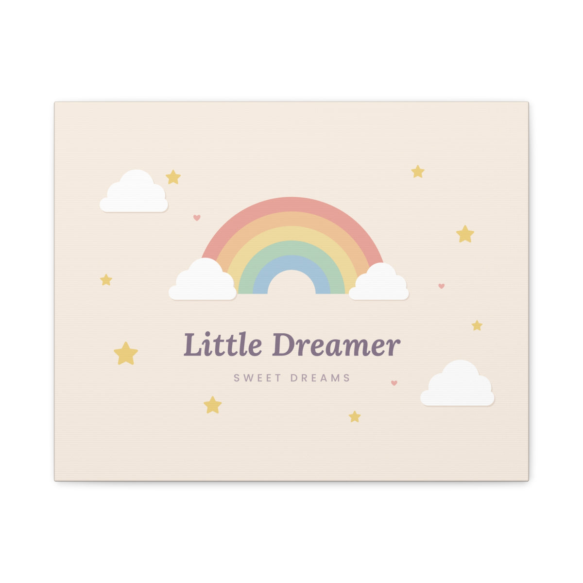 Canvas wall art with 'Little Dreamer' rainbow nursery design, 20x16 horizontal, front view