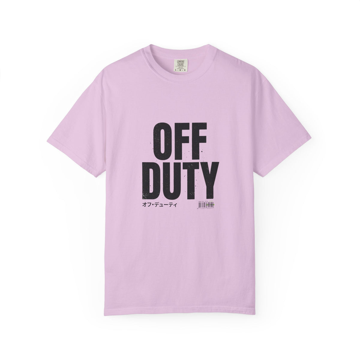 OFF DUTY Graphic T-Shirt, orchid, flat lay front view showing the bold distressed OFF DUTY text print.