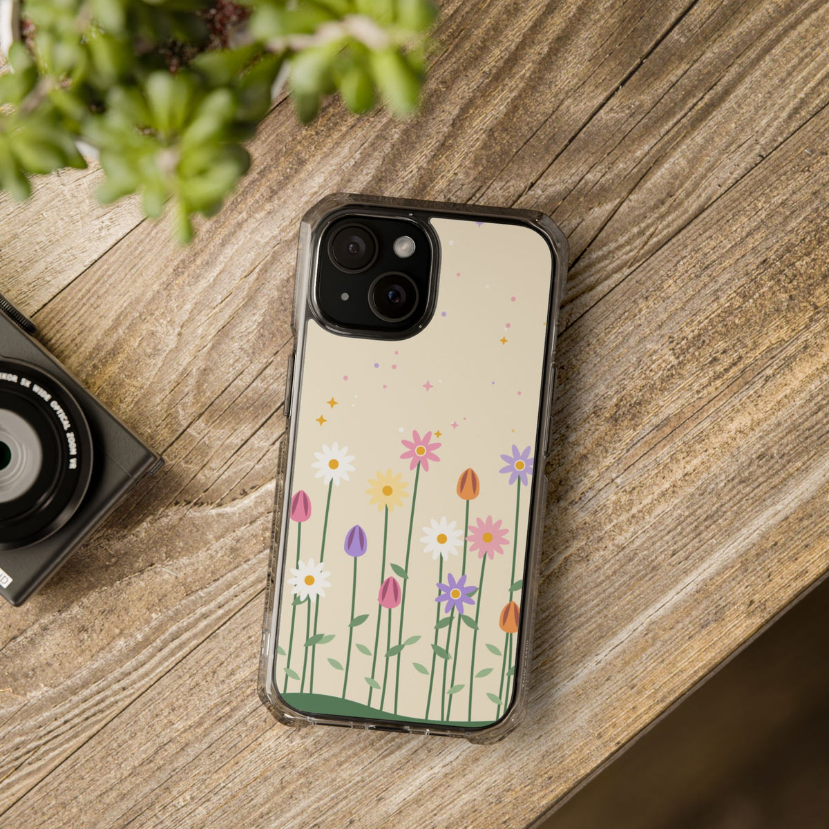 Magnetic phone case with pastel wildflower garden design, product photo 19