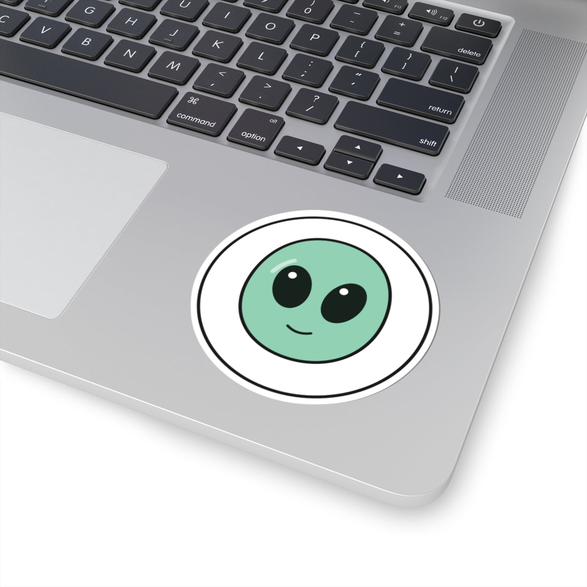 Cute Green Alien Kiss-Cut Sticker — Small Round Laptop Decal