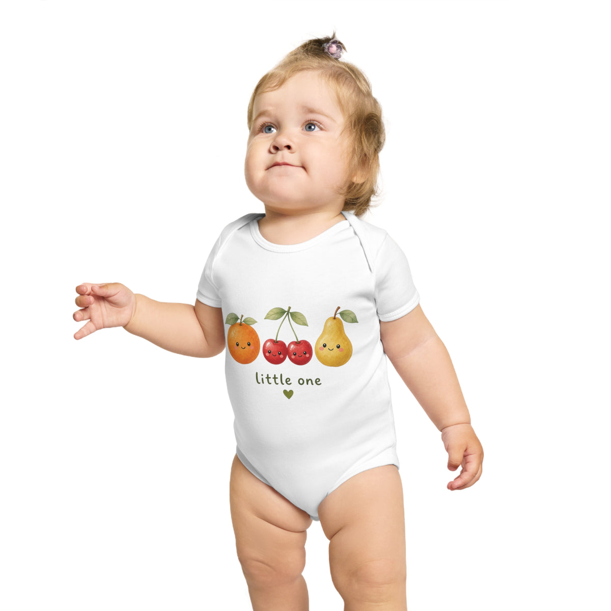 Baby Bodysuit - Cute Fruit 'little one' Infant Onesie, white, worn by a baby model
