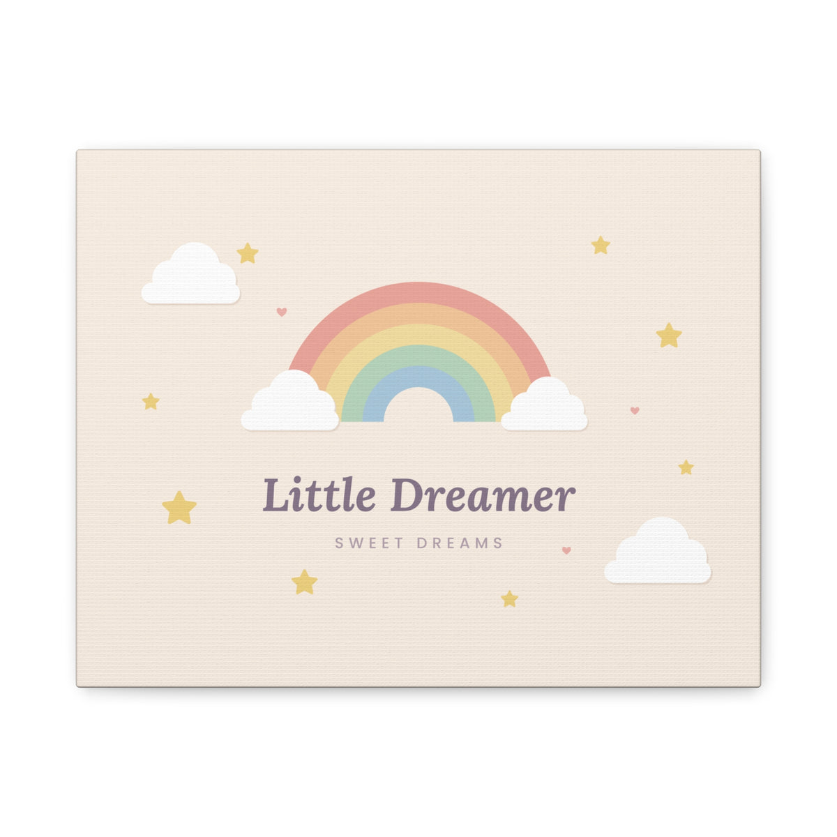 Canvas wall art with 'Little Dreamer' rainbow nursery design, 14x11 horizontal, front view