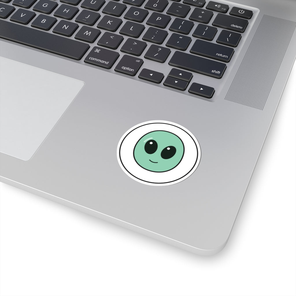 Cute Green Alien Kiss-Cut Sticker — Small Round Laptop Decal