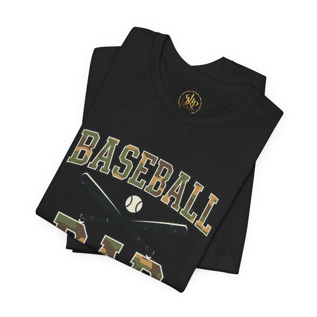 Baseball Dad Camo Lettering Tee, black, folded flat lay with camo lettering