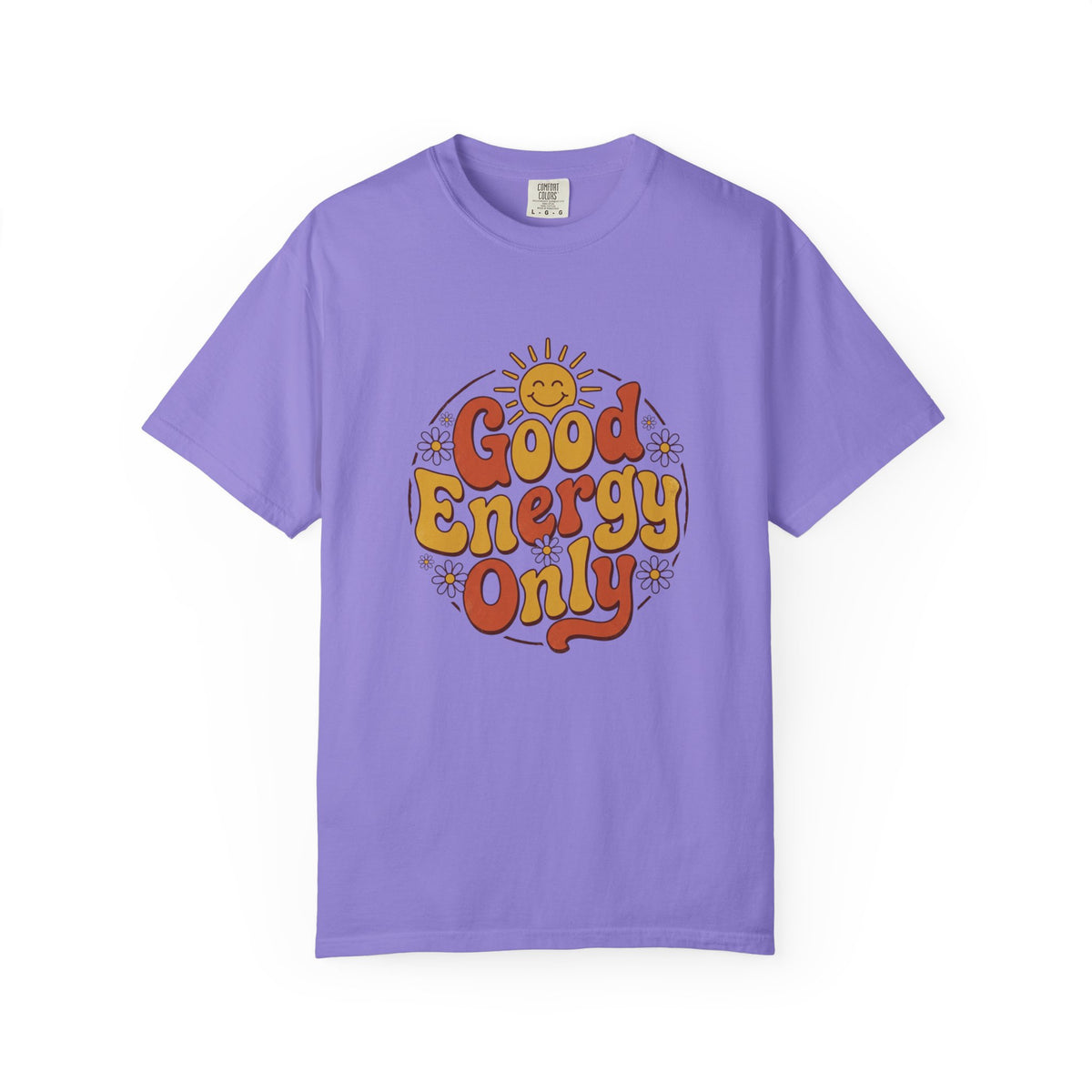 Good Energy Only T-shirt, violet, front view showing the retro sun graphic and 'Good Energy Only' lettering on the chest.
