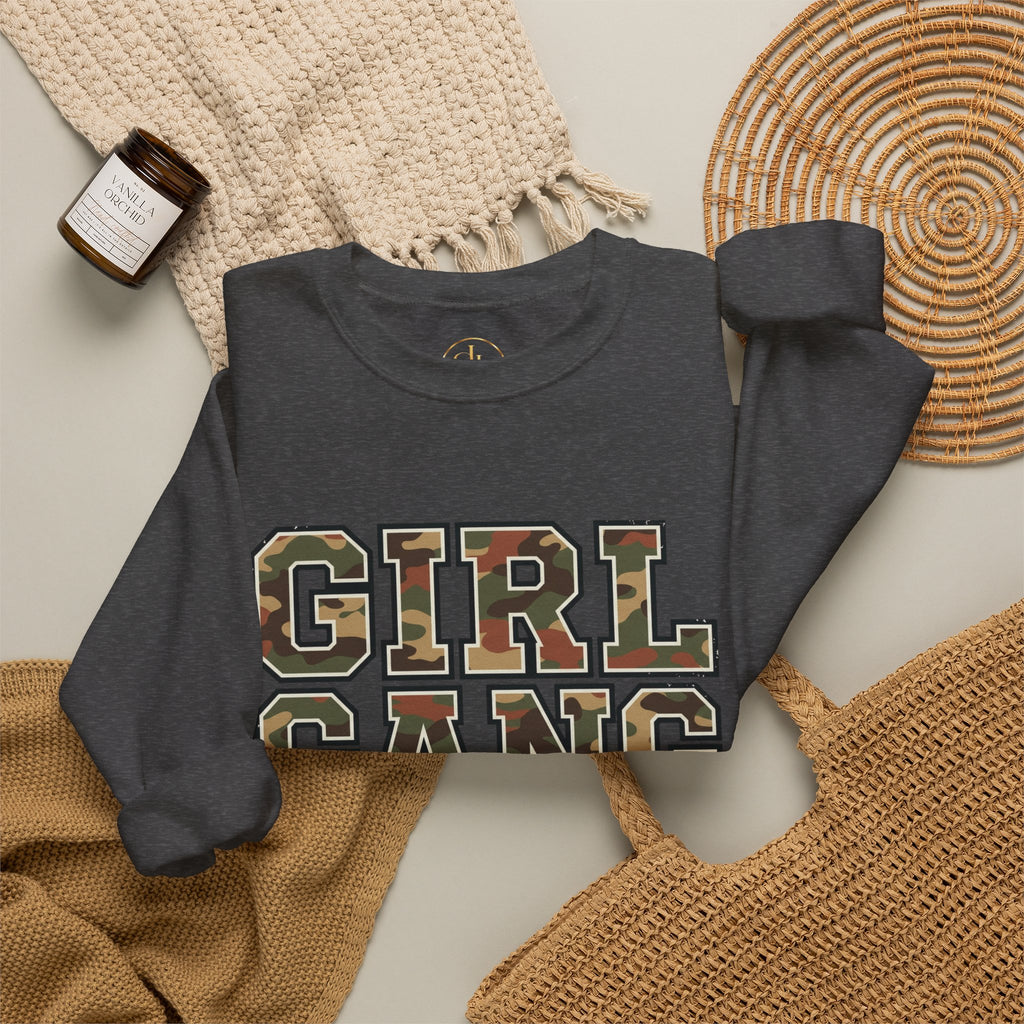 Girl Gang Camo Lettering Sweatshirt, dark heather, styled flat lay with blanket and candle