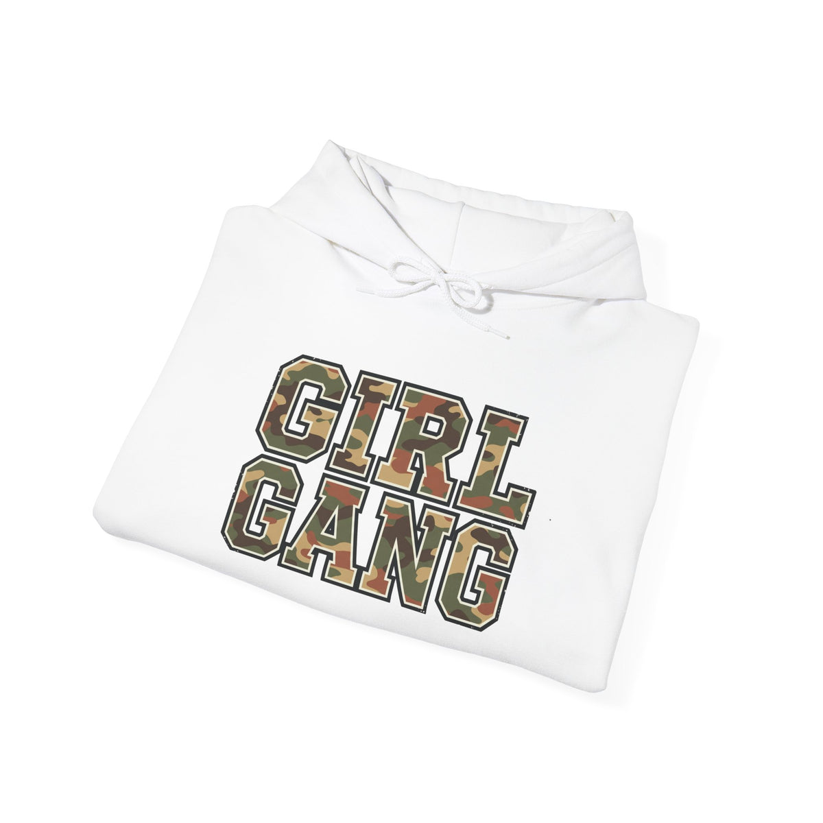 Camo Lettering Girl Gang Hoodie, White, folded hoodie with camo lettering design