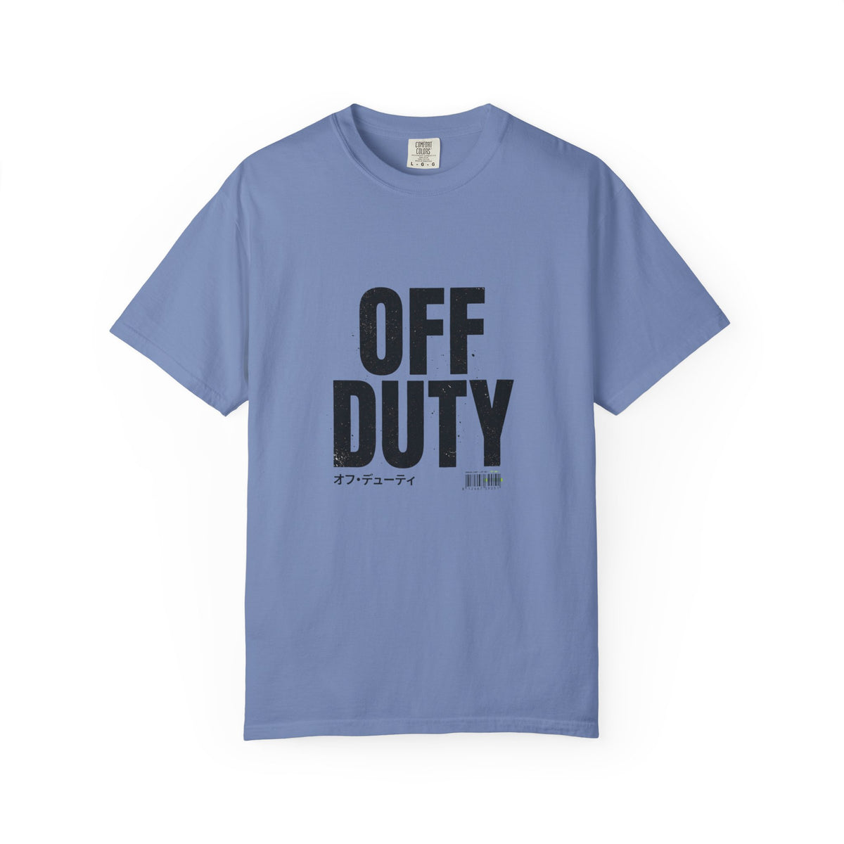 OFF DUTY Graphic T-Shirt, washed denim, flat lay front view showing the bold distressed OFF DUTY text print.