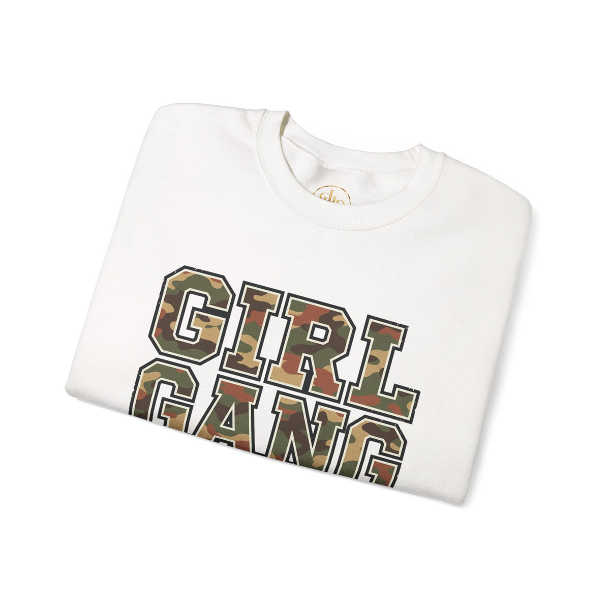 Girl Gang Camo Lettering Sweatshirt, white, folded flat lay
