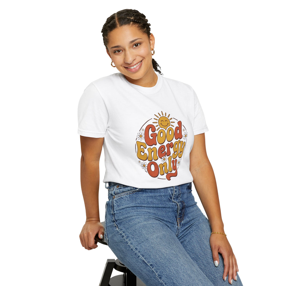 Good Energy Only T-shirt, white, worn by a model in a seated studio portrait.