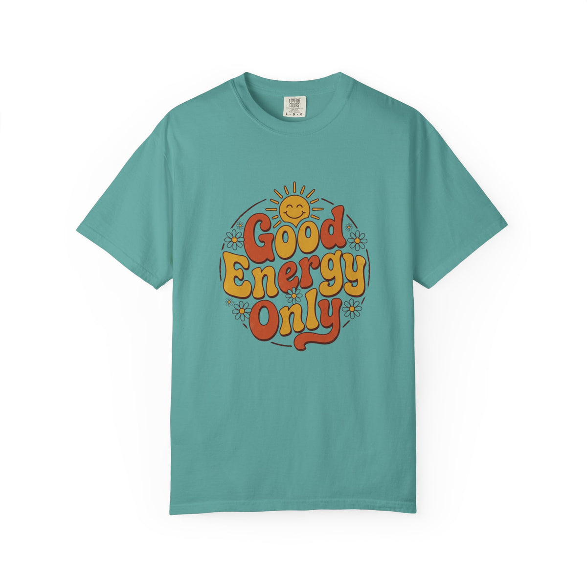 Good Energy Only T-shirt, seafoam, front view showing the retro sun graphic and 'Good Energy Only' lettering on the chest.