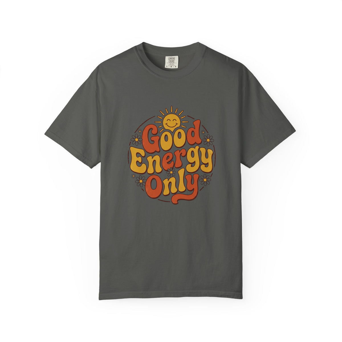 Good Energy Only T-shirt, pepper, front view showing the retro sun graphic and 'Good Energy Only' lettering on the chest.