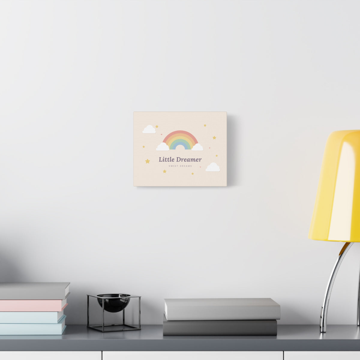 Canvas wall art with 'Little Dreamer' rainbow nursery design, 10x8 horizontal, room mockup 1