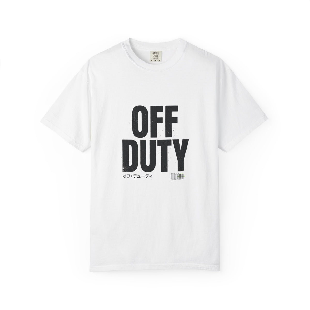 OFF DUTY Graphic T-Shirt, white, flat lay front view showing the bold distressed OFF DUTY text print.
