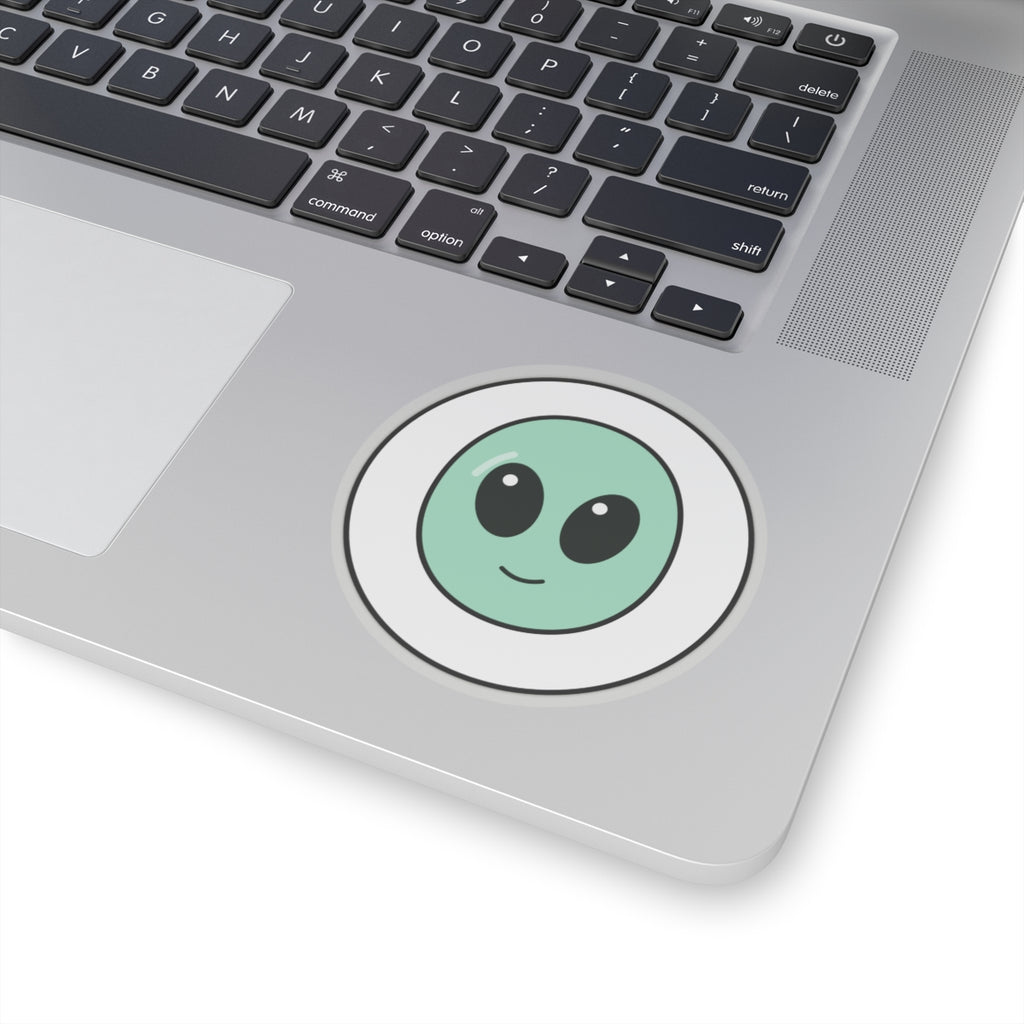Cute Green Alien Kiss-Cut Sticker — Small Round Laptop Decal