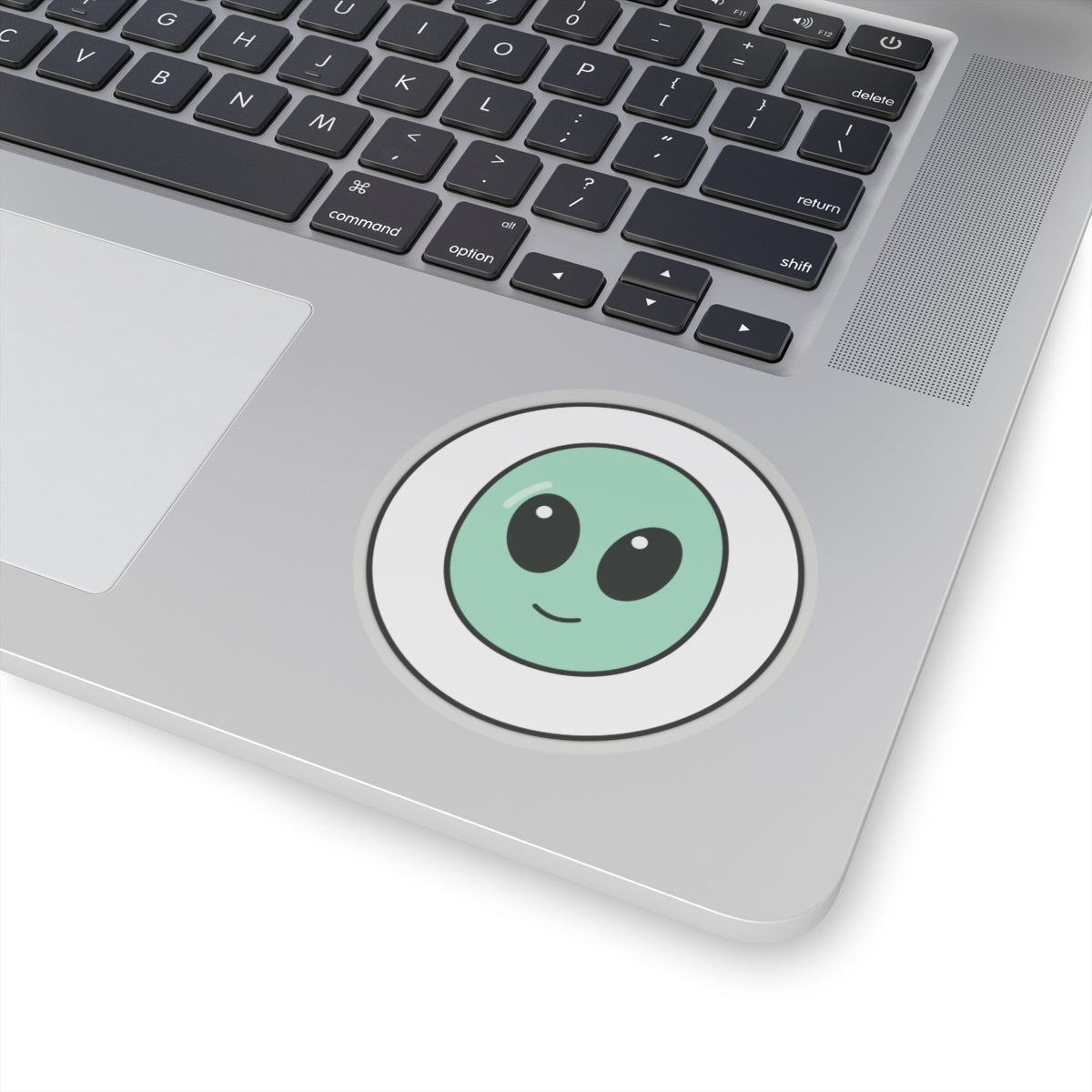 Cute Green Alien Kiss-Cut Sticker — Small Round Laptop Decal