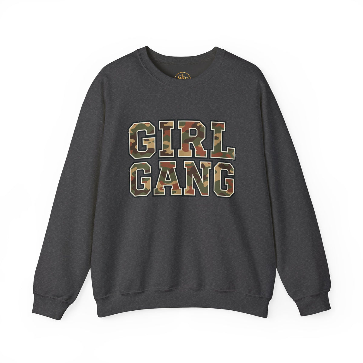 Girl Gang Camo Lettering Sweatshirt | Camouflage Collegiate Crewneck