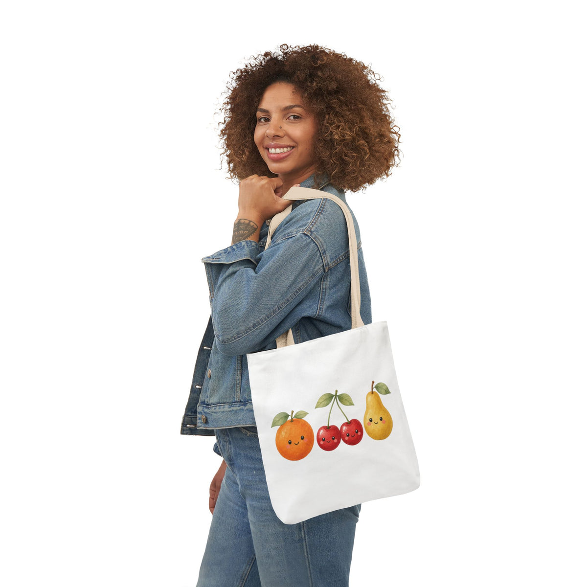 Cute Fruit Friends Canvas Tote Bag, beige, lifestyle photo, carried over the shoulder
