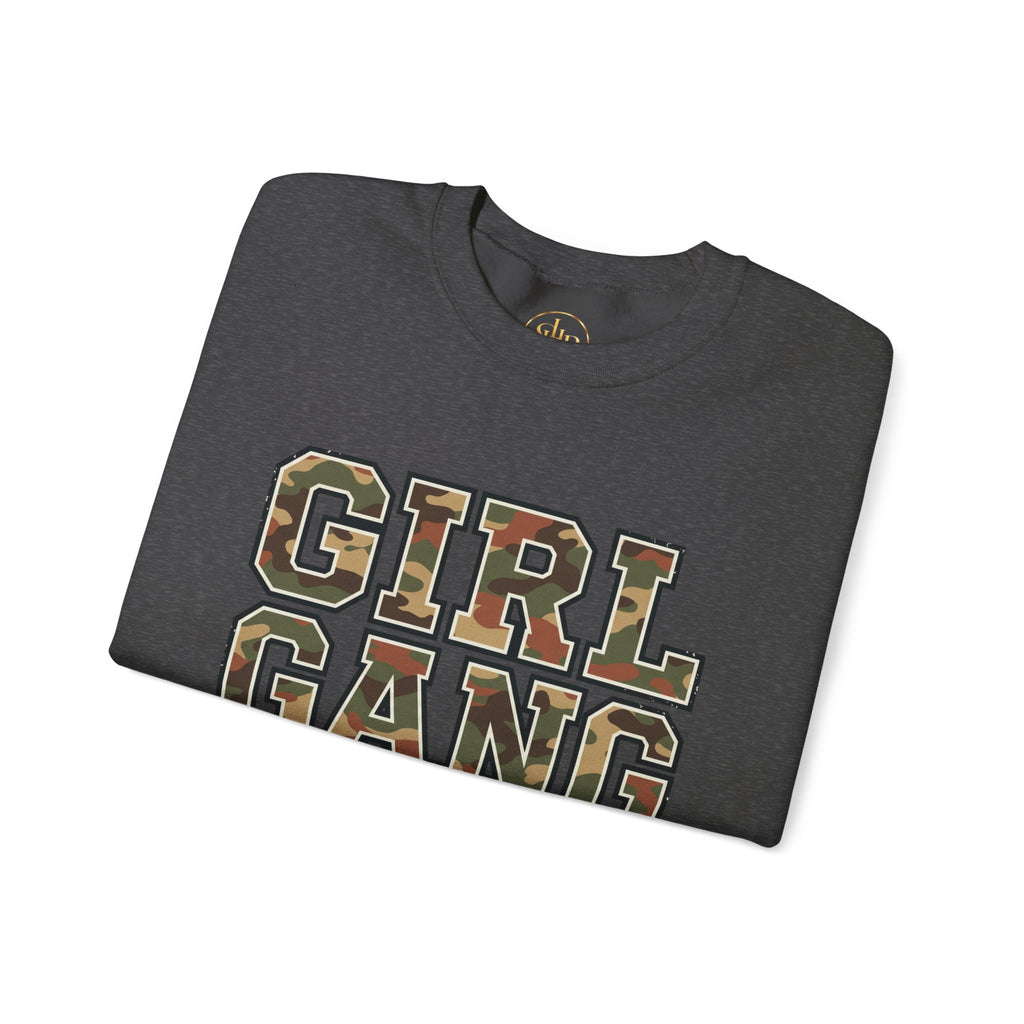 Girl Gang Camo Lettering Sweatshirt, dark heather, folded flat lay