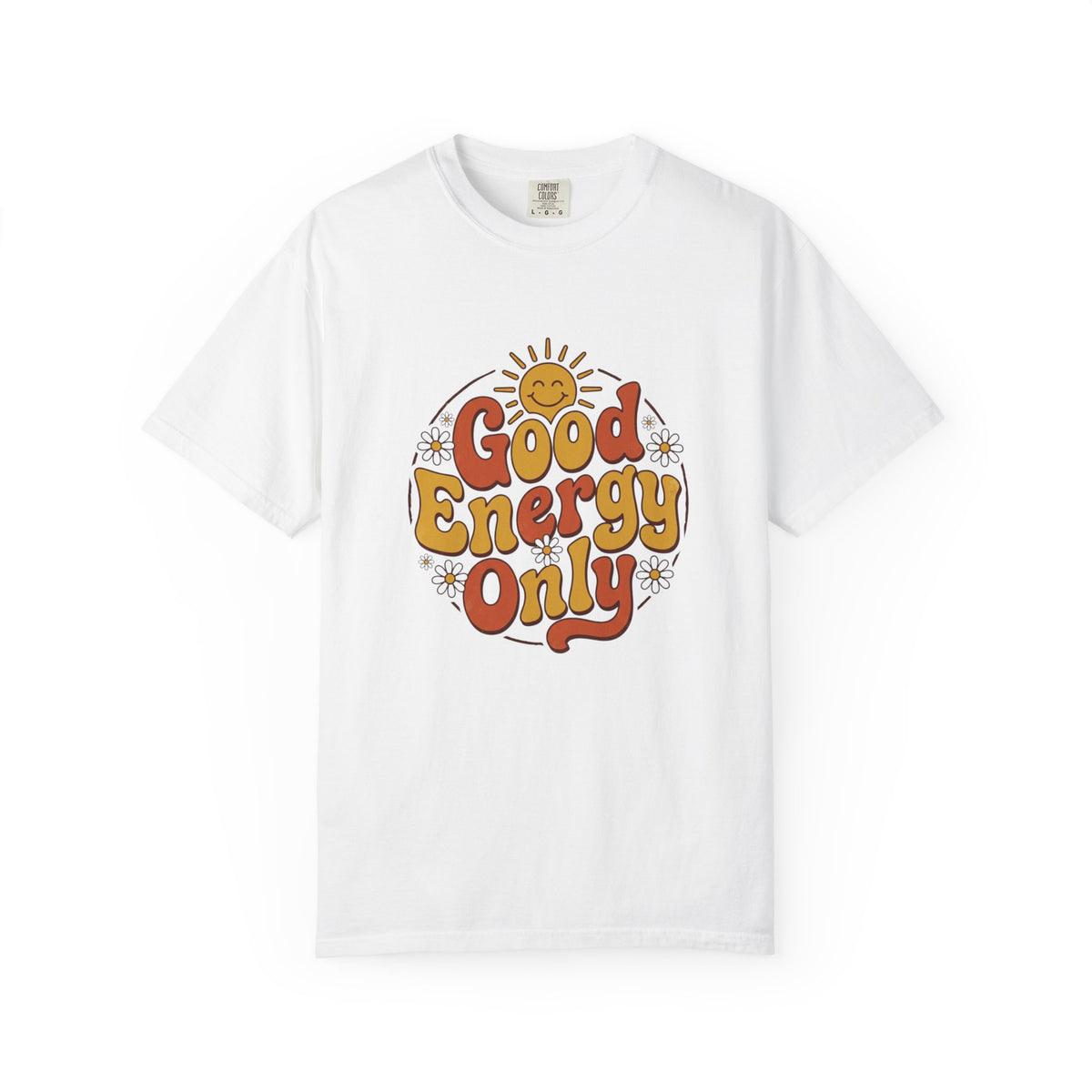 Good Energy Only T-shirt, white, front view showing the retro sun graphic and 'Good Energy Only' lettering on the chest.