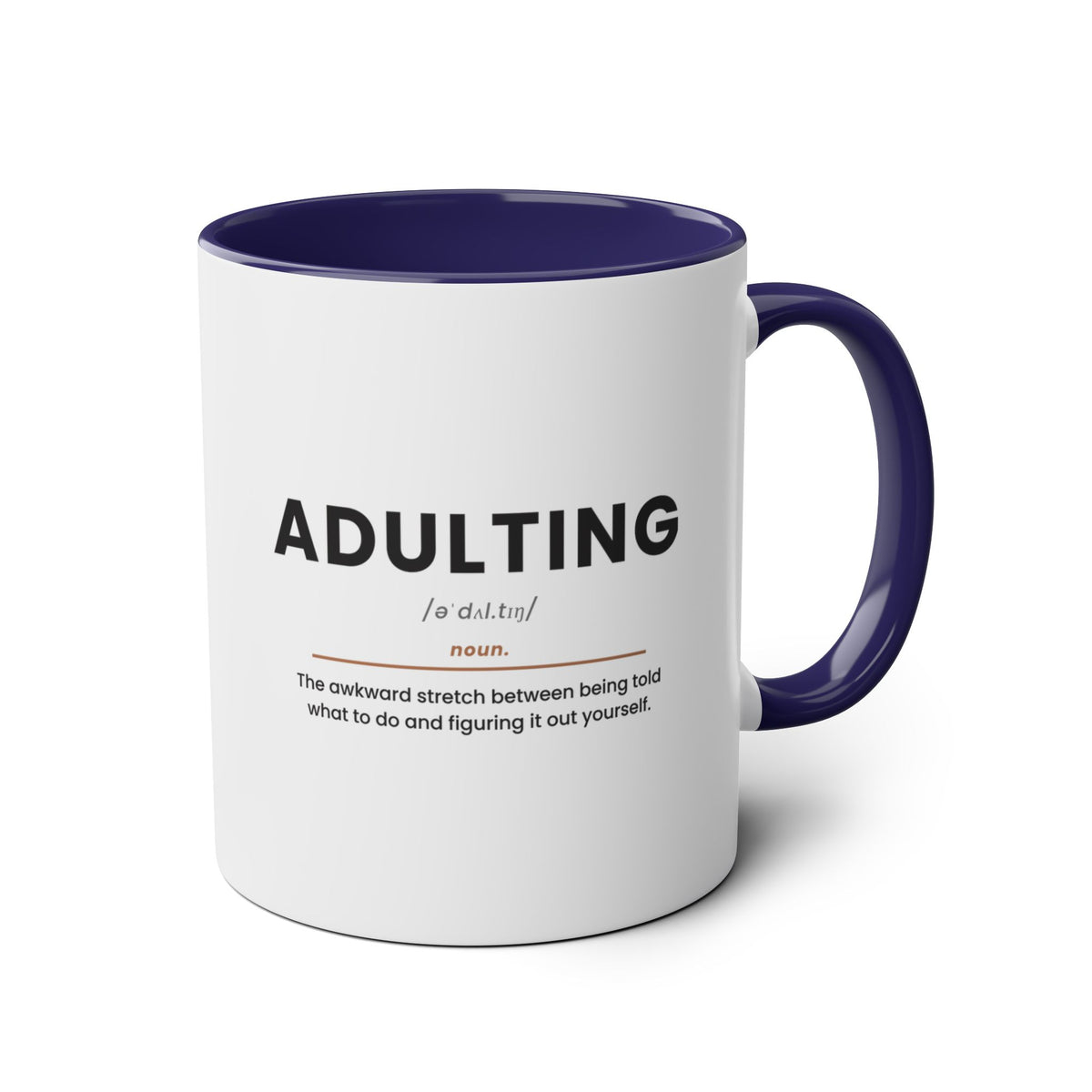 Adulting Definition Coffee Mug - 11oz Two-Tone Ceramic, Dark Blue, product photo