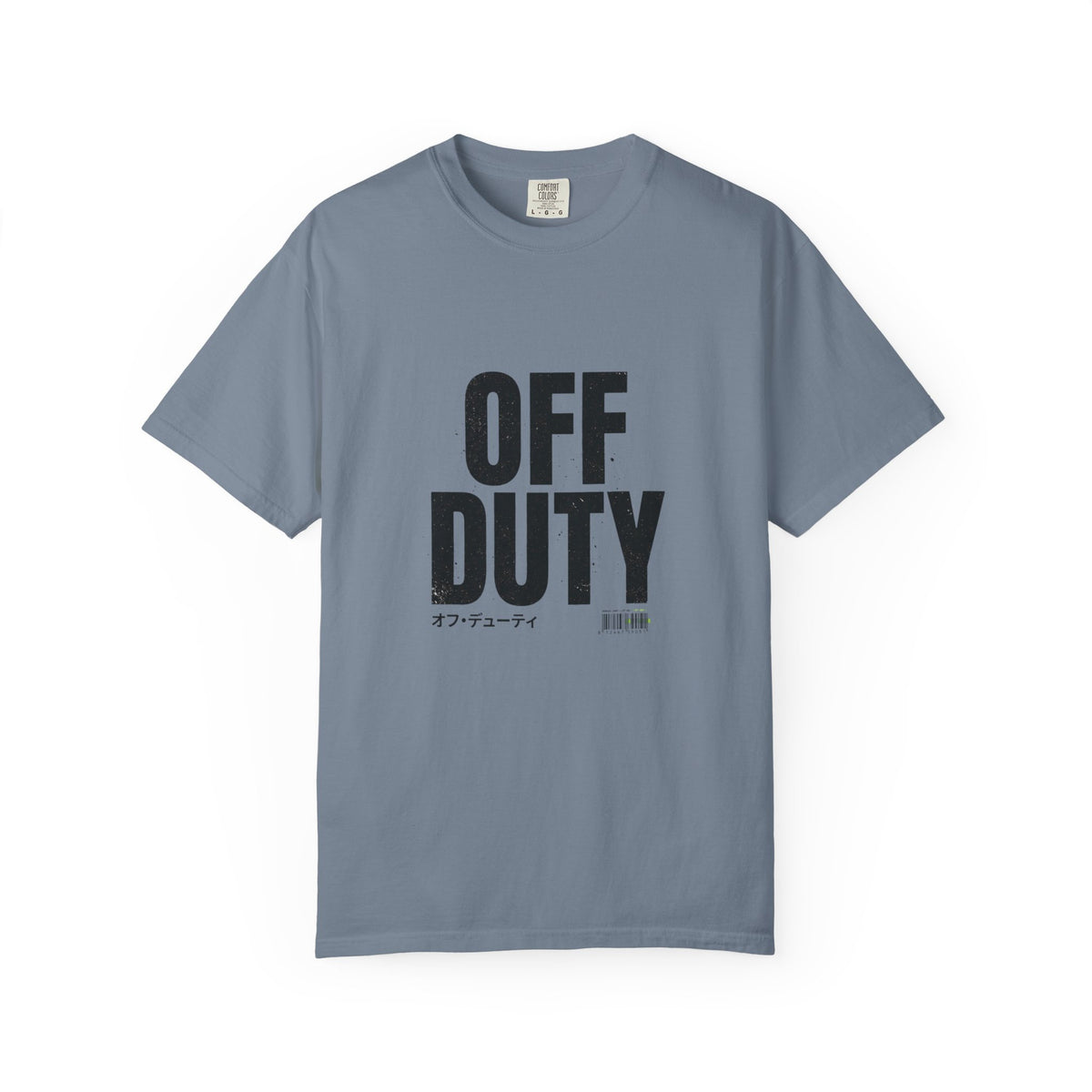 OFF DUTY Graphic T-Shirt, blue jean, flat lay front view showing the bold distressed OFF DUTY text print.