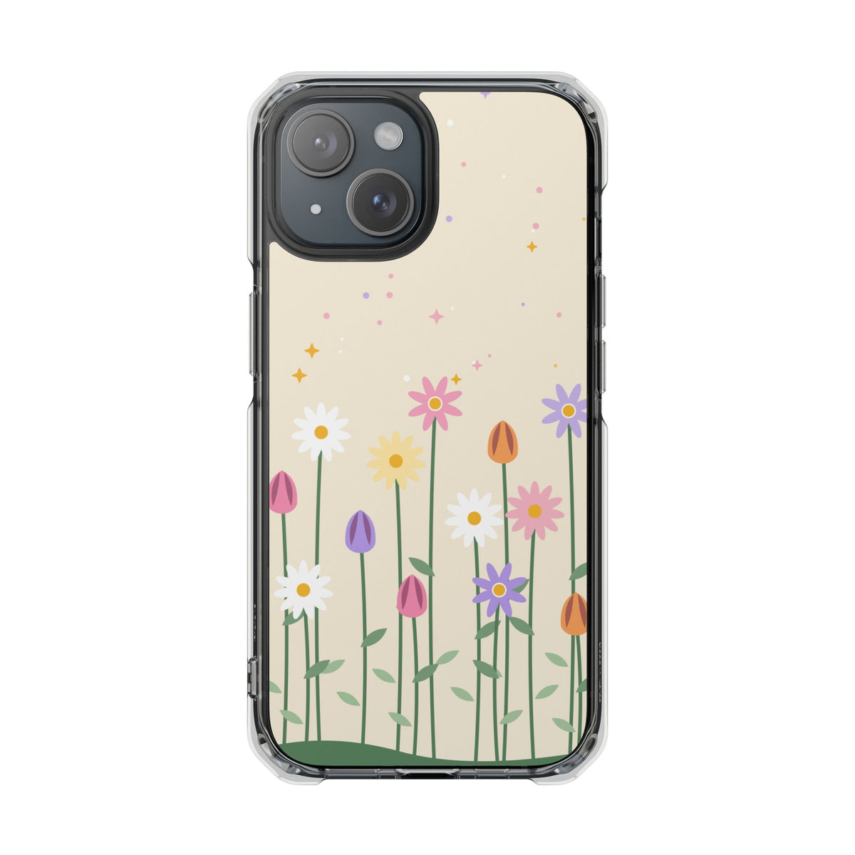 Magnetic phone case with pastel wildflower garden design, product photo 1
