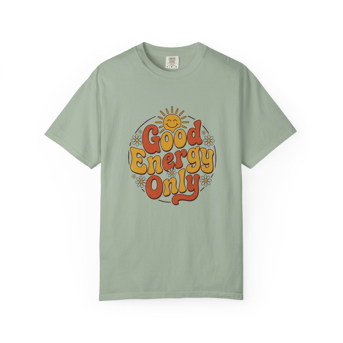 Good Energy Only T-shirt, bay, front view showing the retro sun graphic and 'Good Energy Only' lettering on the chest.
