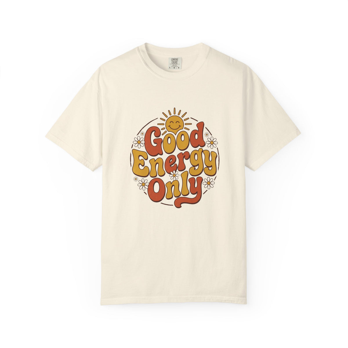 Good Energy Only T-shirt, ivory, front view showing the retro sun graphic and 'Good Energy Only' lettering on the chest.