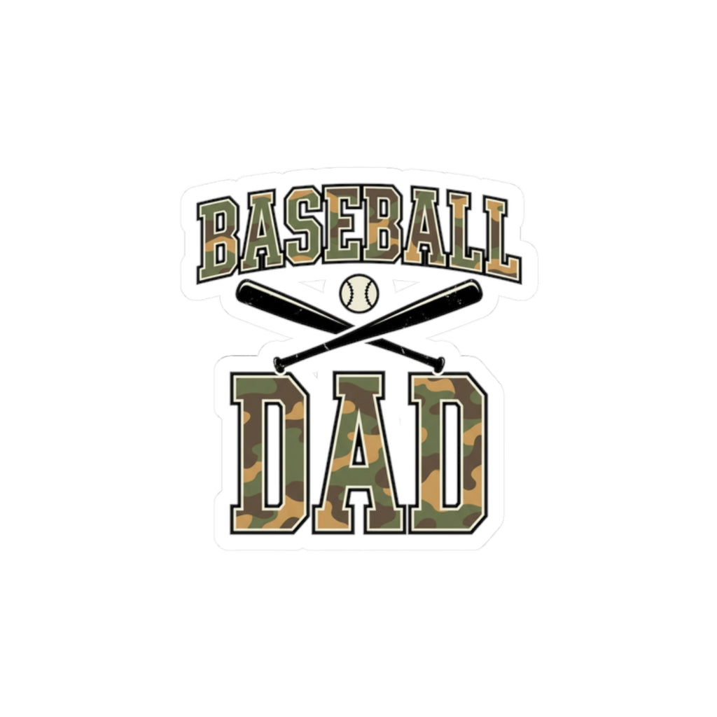 Baseball Dad Camo Lettering Sticker, 2 × 2, camo lettering kiss-cut vinyl decal on a white background