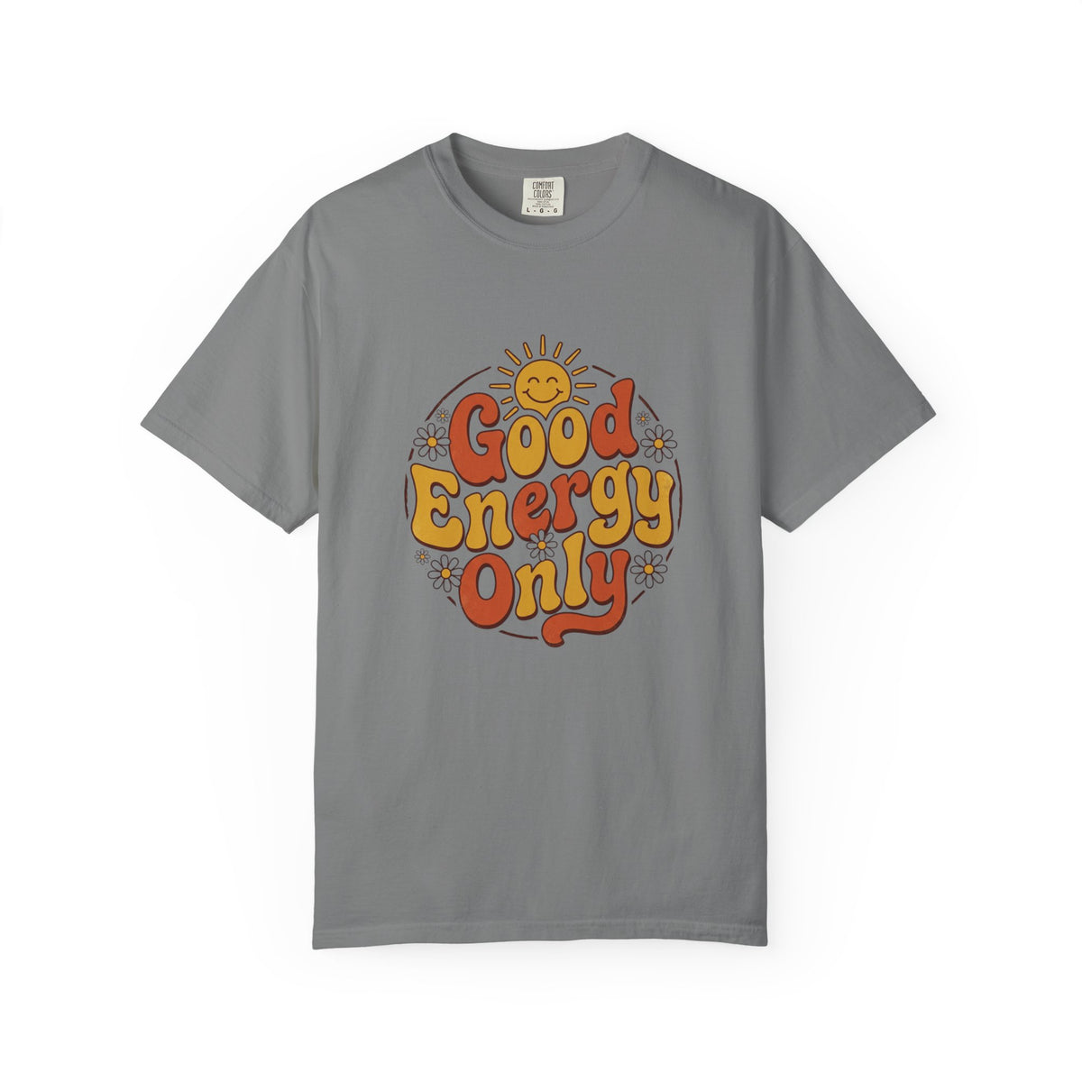 Good Energy Only T-shirt, grey, front view showing the retro sun graphic and 'Good Energy Only' lettering on the chest.