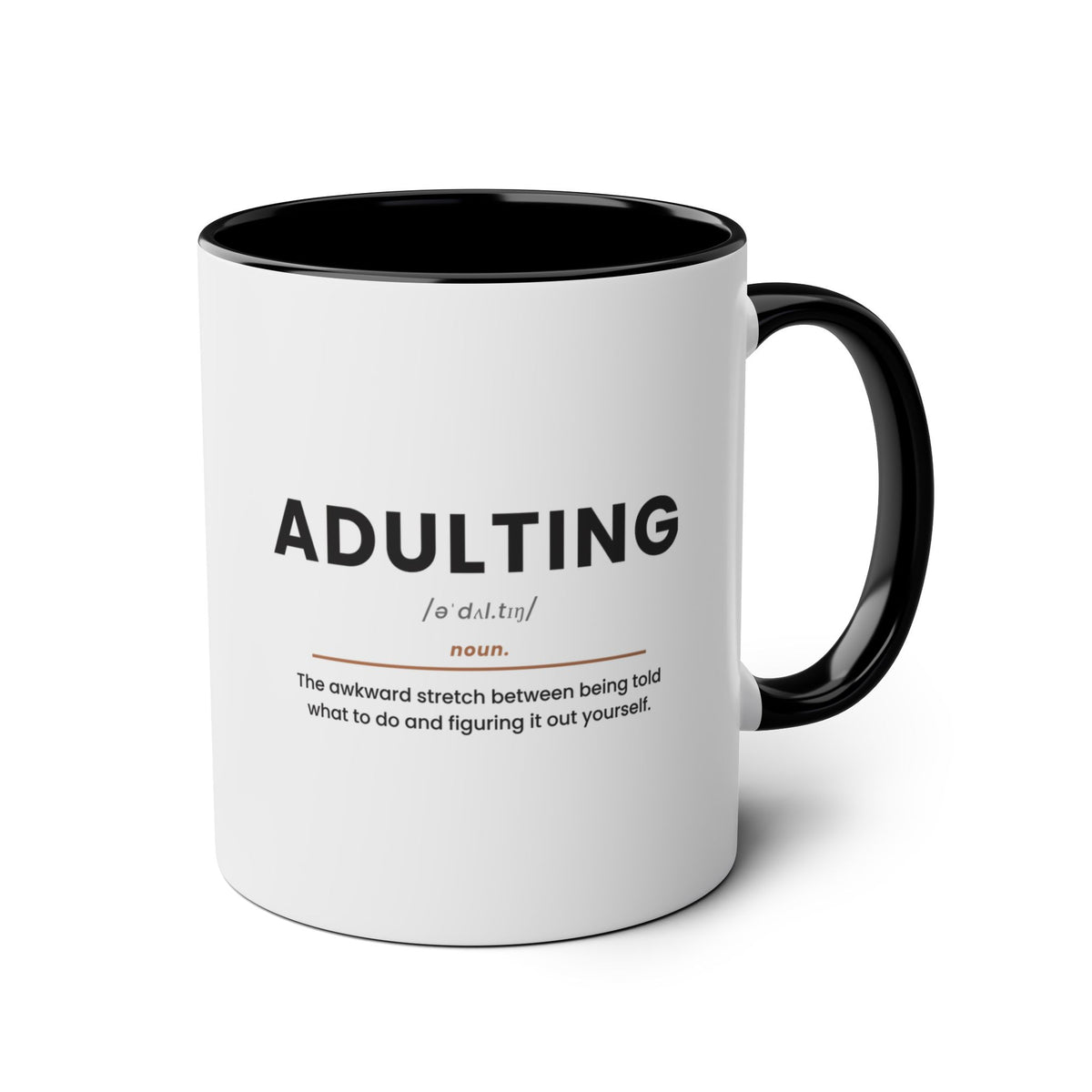 Adulting Definition Coffee Mug, Black, front view product photo