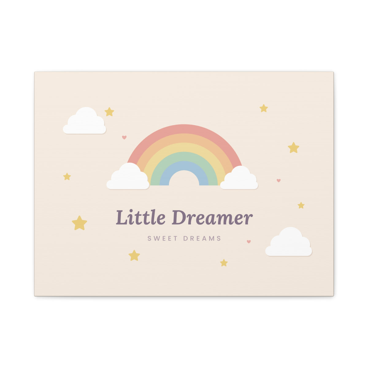 Canvas wall art with 'Little Dreamer' rainbow nursery design, 24x18 horizontal, front view