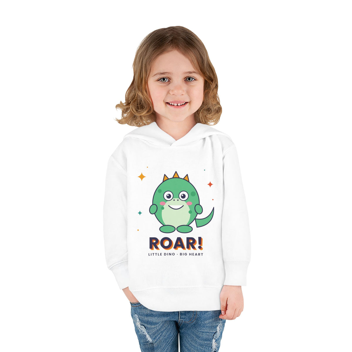 Toddler Hoodie - Cute Green Dinosaur ROAR! Pullover for Babies & Toddlers, White, lifestyle product photo