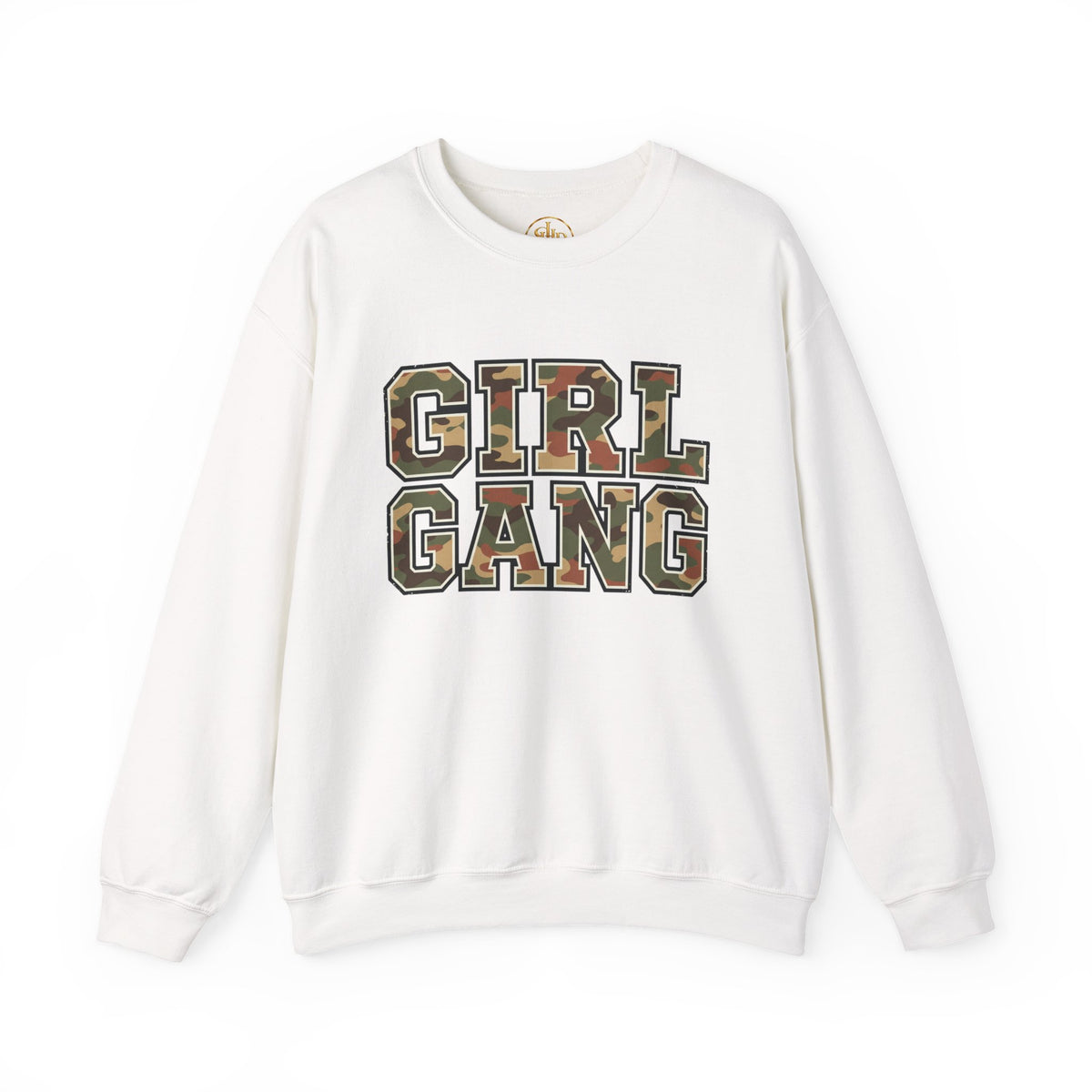 Girl Gang Camo Lettering Sweatshirt | Camouflage Collegiate Crewneck