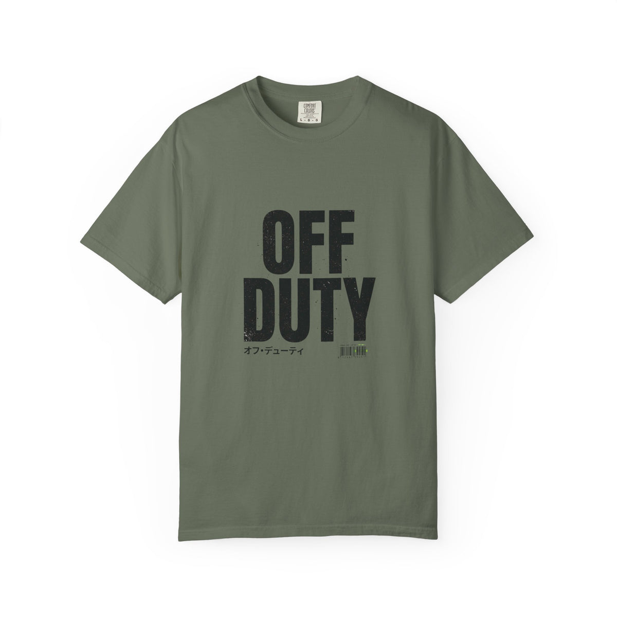 OFF DUTY Graphic T-Shirt, moss, flat lay front view showing the bold distressed OFF DUTY text print.