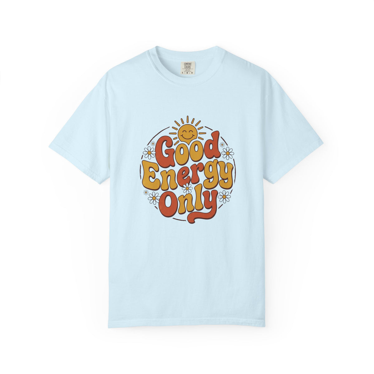 Good Energy Only T-shirt, chambray, front view showing the retro sun graphic and 'Good Energy Only' lettering on the chest.