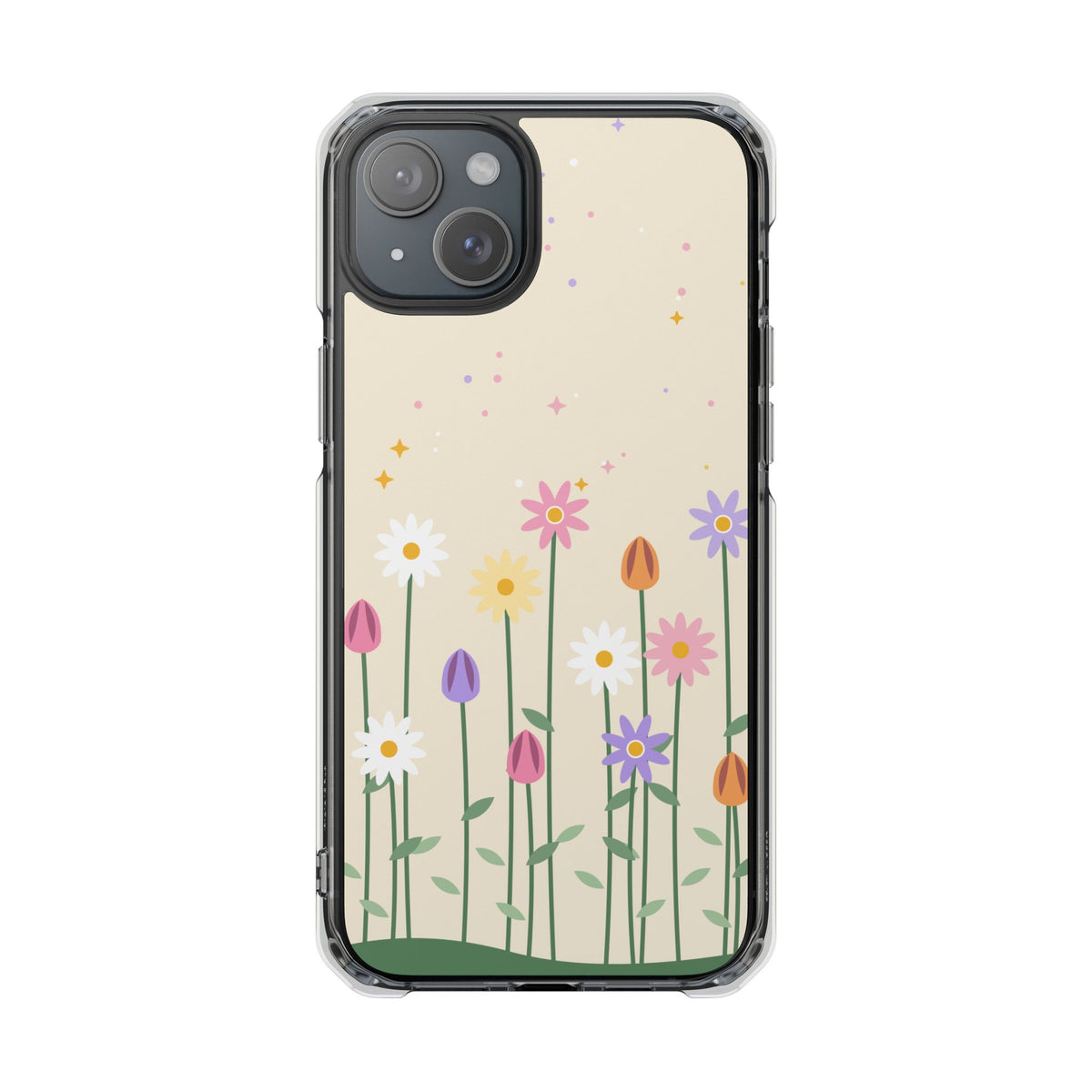 Magnetic phone case with pastel wildflower garden design, product photo 3