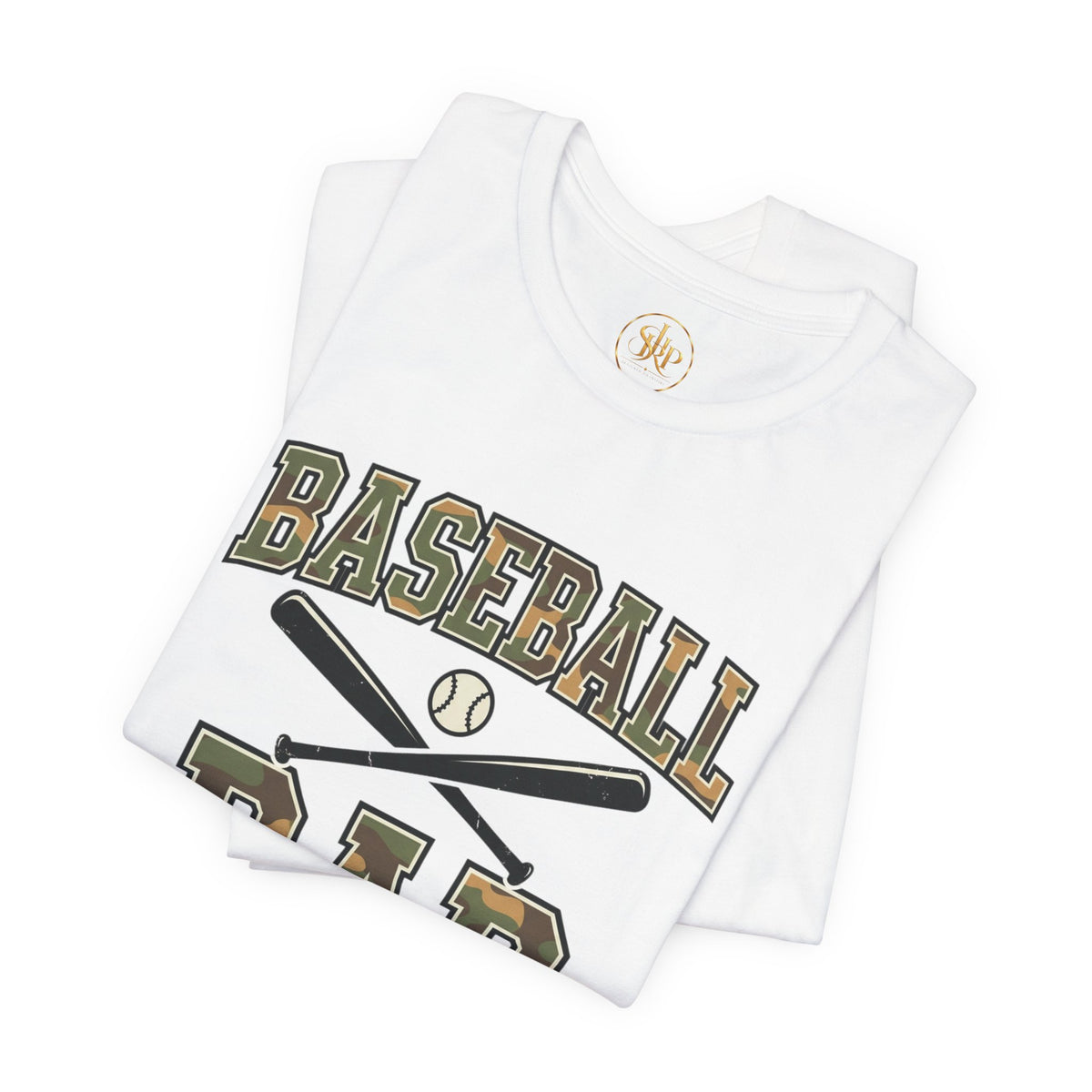 Baseball Dad Camo Lettering Tee, white, folded flat lay with camo lettering