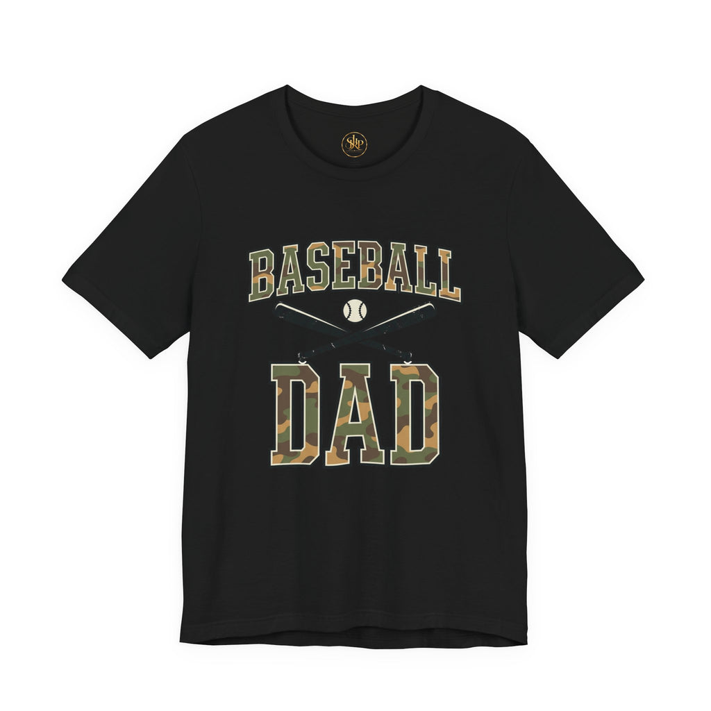 Baseball Dad Camo Lettering Tee, black, front flat lay on a wood table