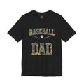Baseball Dad Camo Lettering Tee, black, front flat lay on a wood table
