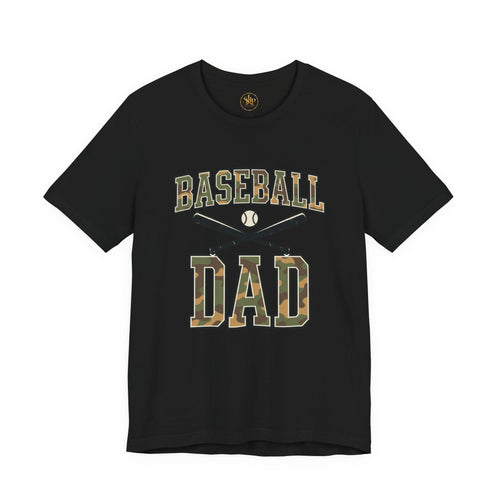 Baseball Dad Camo Lettering Tee, black, front flat lay on a wood table