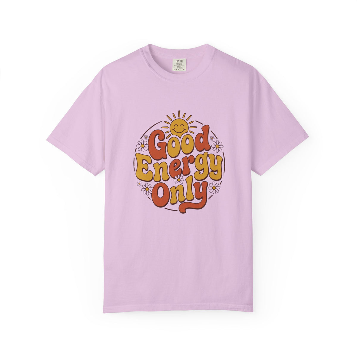 Good Energy Only T-shirt, orchid, front view showing the retro sun graphic and 'Good Energy Only' lettering on the chest.