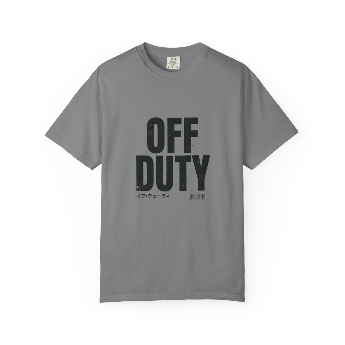 OFF DUTY Graphic T-Shirt, grey, flat lay front view showing the bold distressed OFF DUTY text print.