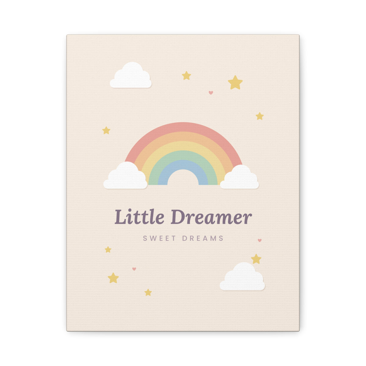 Canvas wall art with 'Little Dreamer' rainbow nursery design, 11x14 vertical, front view