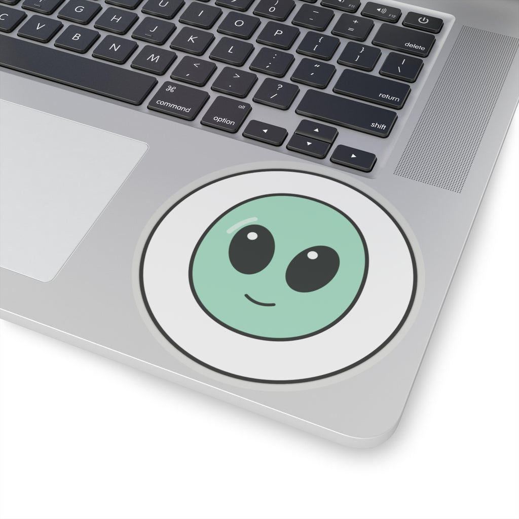 Cute Green Alien Kiss-Cut Sticker — Small Round Laptop Decal