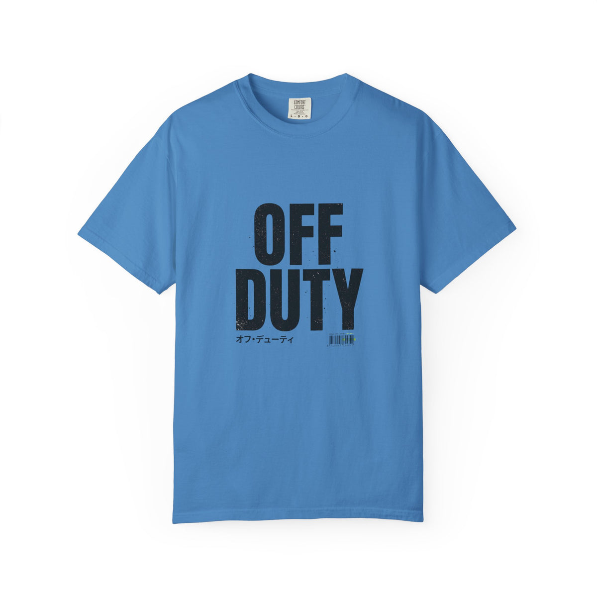 OFF DUTY Graphic T-Shirt, royal caribe, flat lay front view showing the bold distressed OFF DUTY text print.
