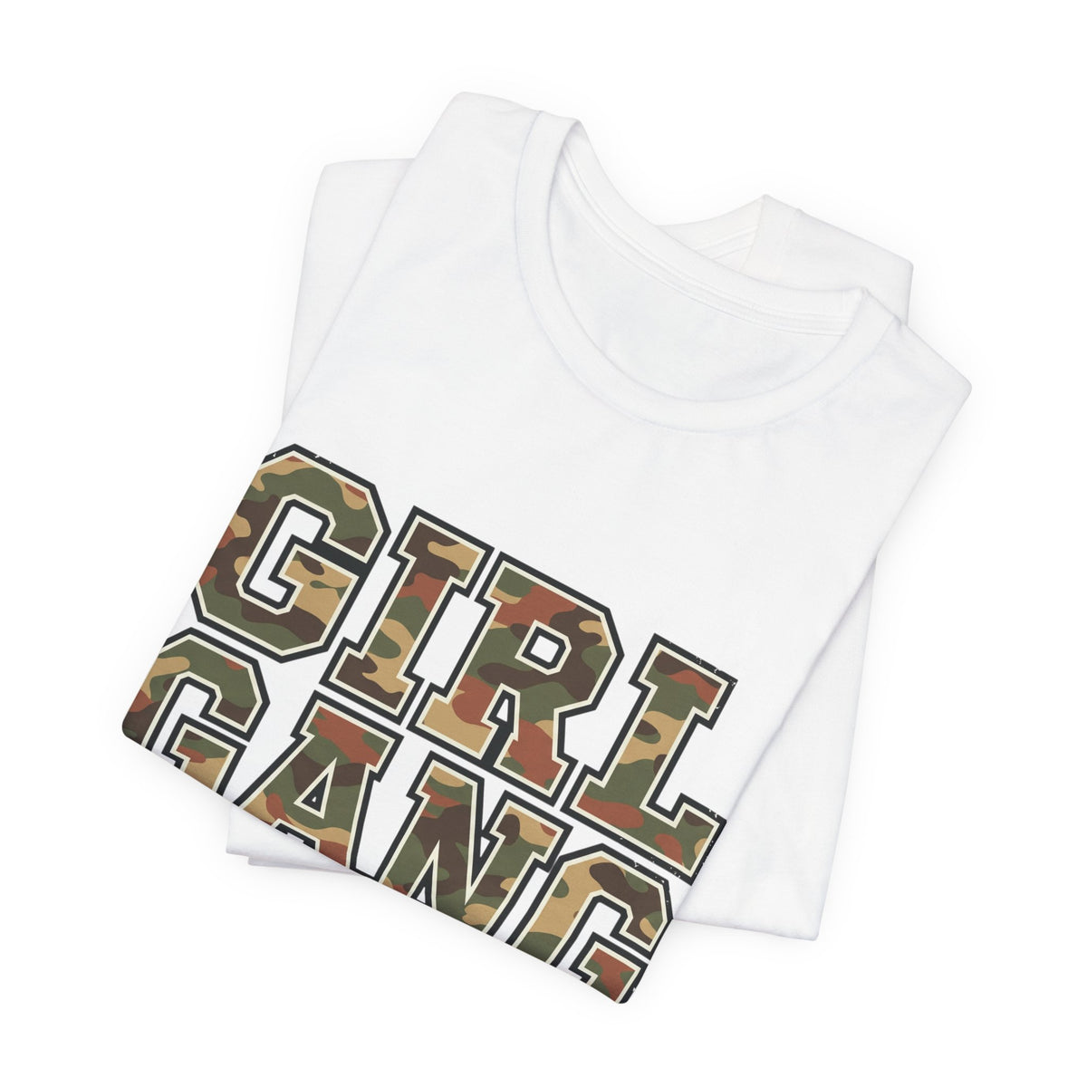 Camo Lettering Girl Gang Tee, white, folded flat lay