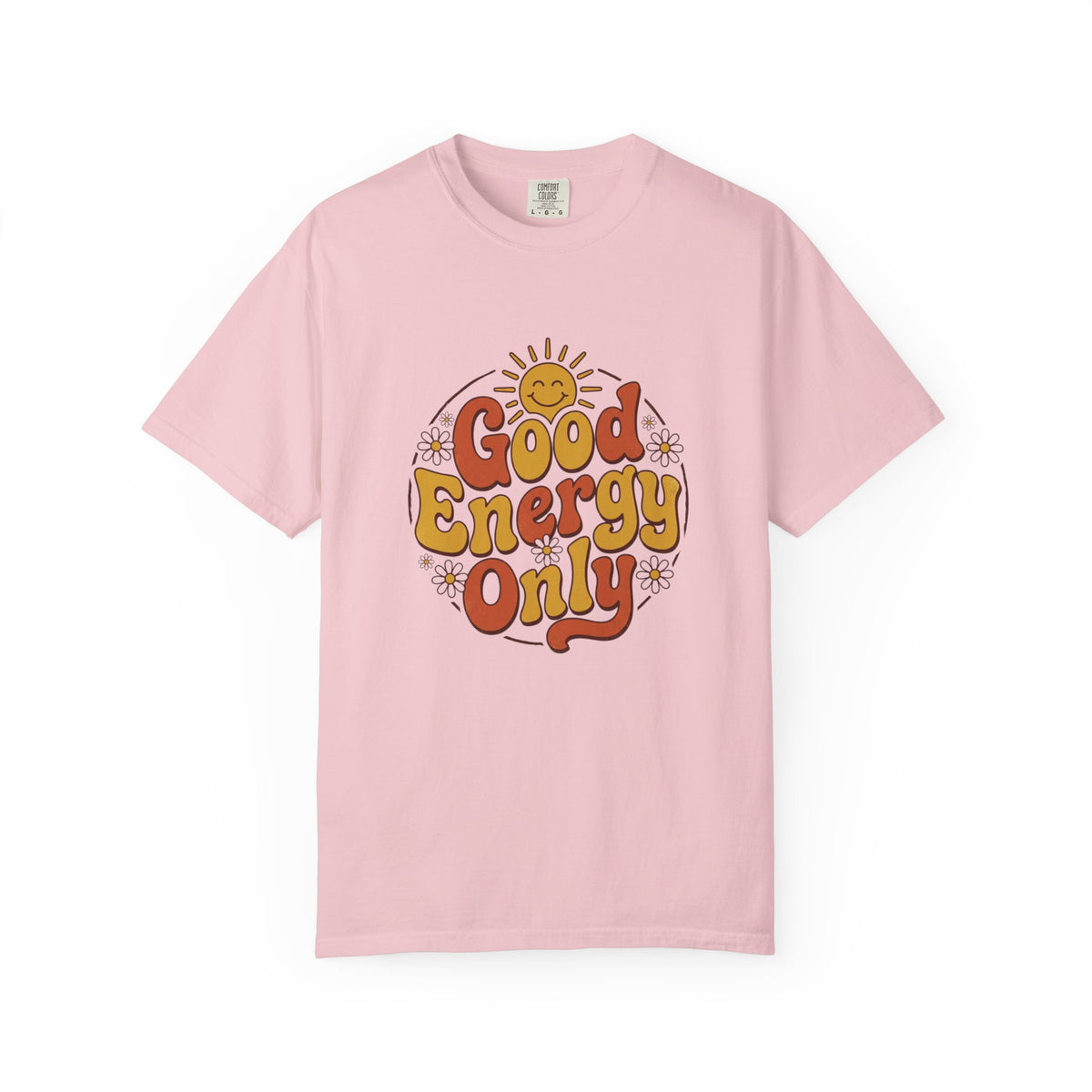 Good Energy Only T-shirt, blossom, front view showing the retro sun graphic and 'Good Energy Only' lettering on the chest.