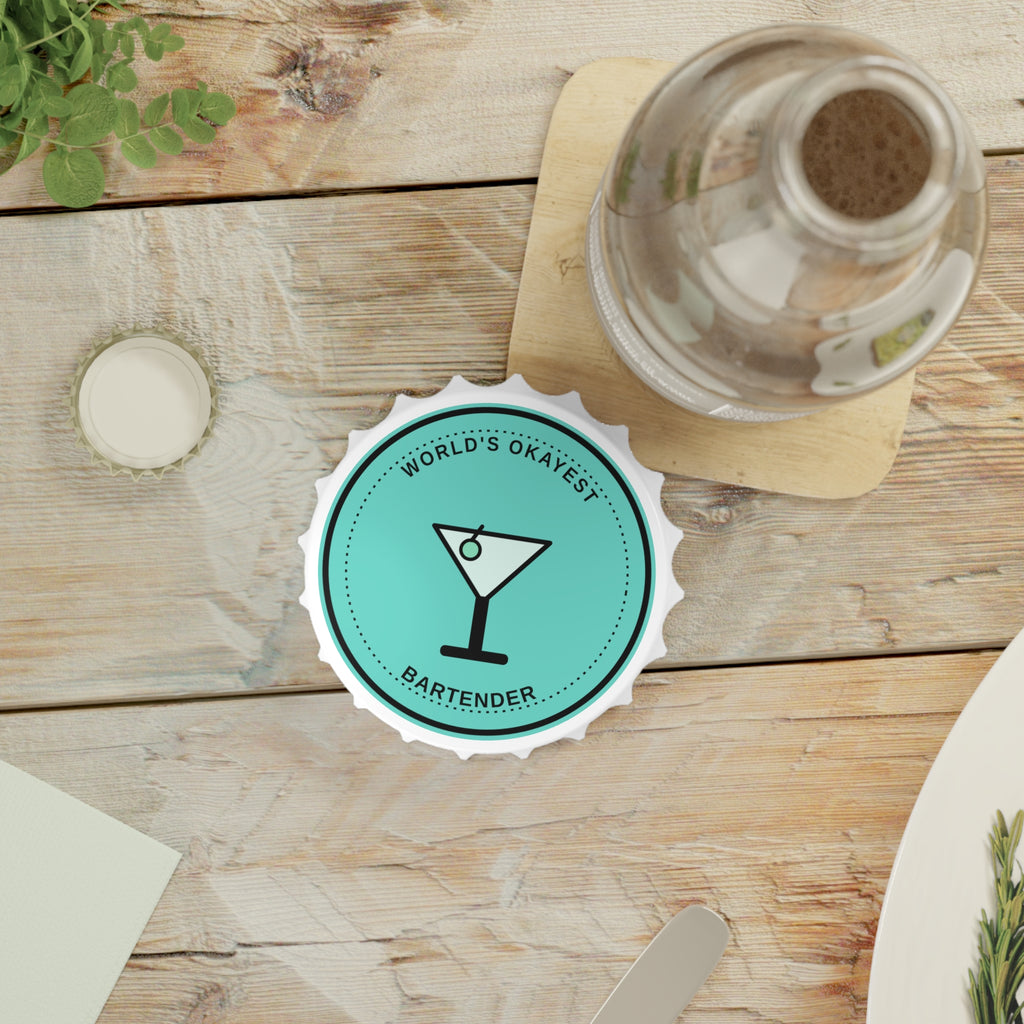 Bottle Opener — “World’s Okayest Bartender” Round Magnet Opener